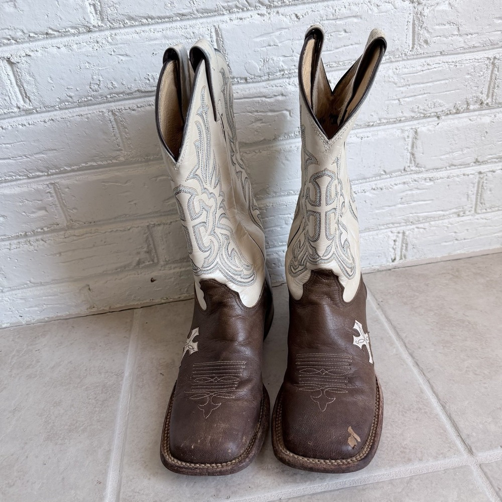 Tony Lama Brown Women's Western Cowgirl SquareToe Boots Cross SEE PHOTOS Sz 8.5B